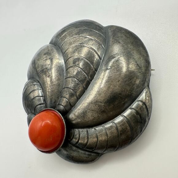 Rare Dinkelsbühl antique vintage German 935 silver red coral brooch pin - Picture 2 of 7